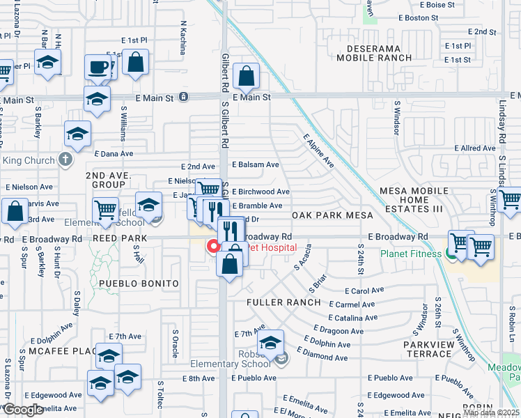 map of restaurants, bars, coffee shops, grocery stores, and more near 2105 East Bramble Avenue in Mesa