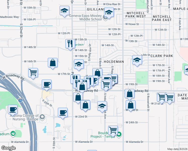map of restaurants, bars, coffee shops, grocery stores, and more near 1728 South Shafer Drive in Tempe