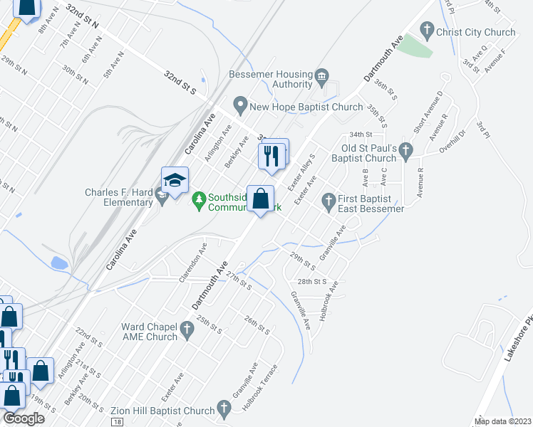 map of restaurants, bars, coffee shops, grocery stores, and more near 2931 Dartmouth Avenue in Bessemer