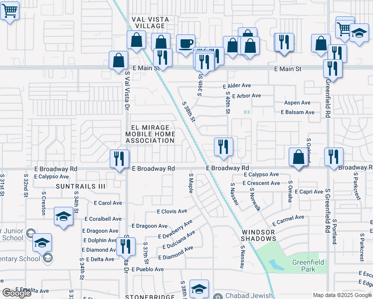 map of restaurants, bars, coffee shops, grocery stores, and more near 8th St in Mesa