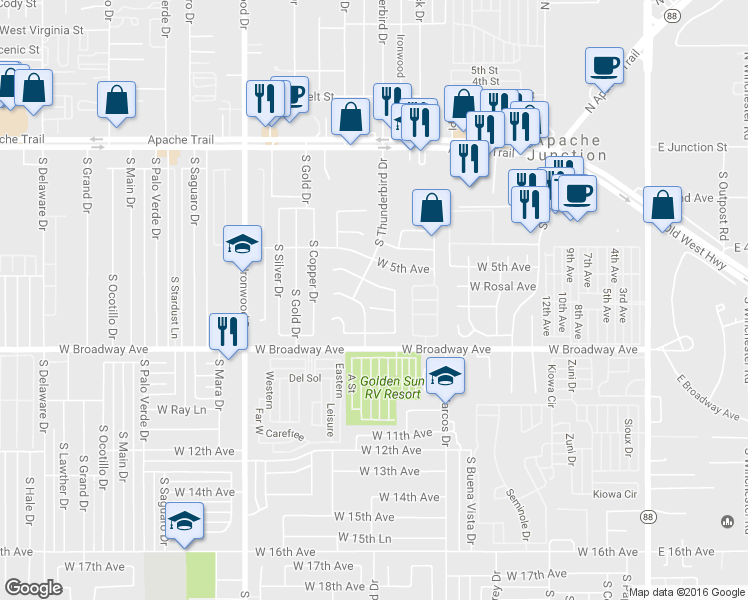 map of restaurants, bars, coffee shops, grocery stores, and more near 1096 West 6th Avenue in Apache Junction