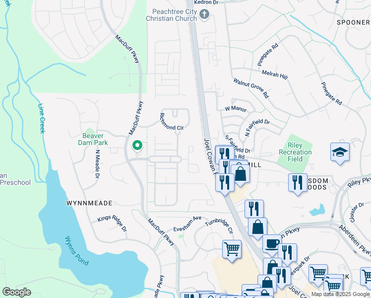 map of restaurants, bars, coffee shops, grocery stores, and more near 602 Declaration Drive in Peachtree City