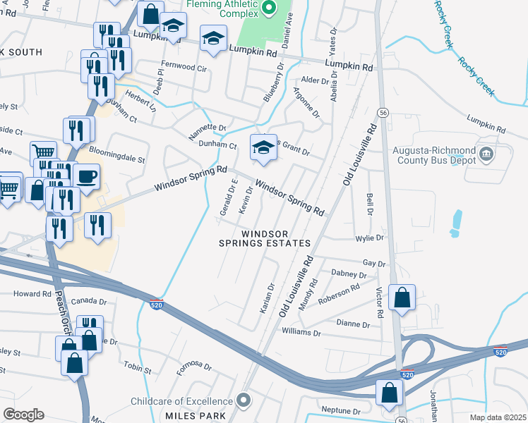 map of restaurants, bars, coffee shops, grocery stores, and more near 3210 Sylvester Drive in Augusta