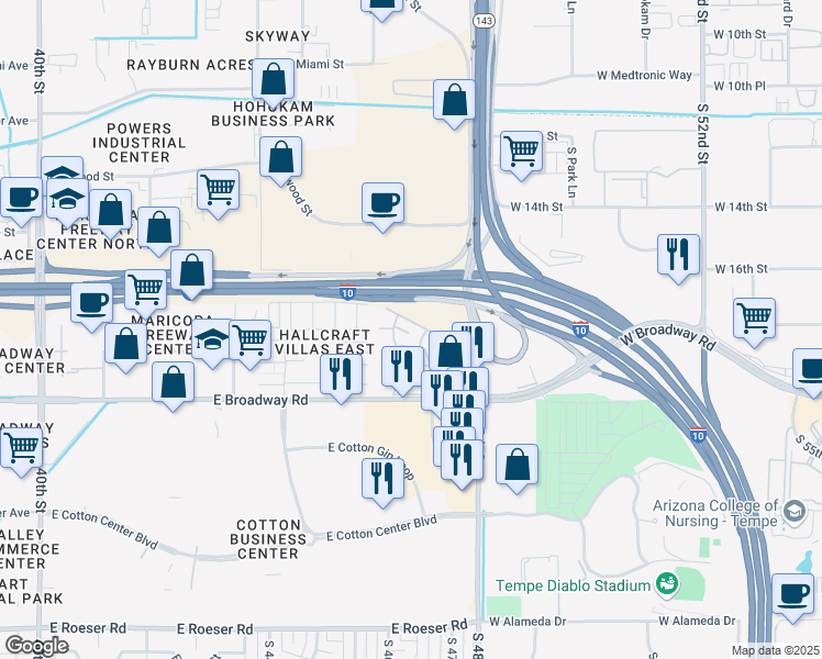 map of restaurants, bars, coffee shops, grocery stores, and more near 4634 East Southgate Avenue in Phoenix