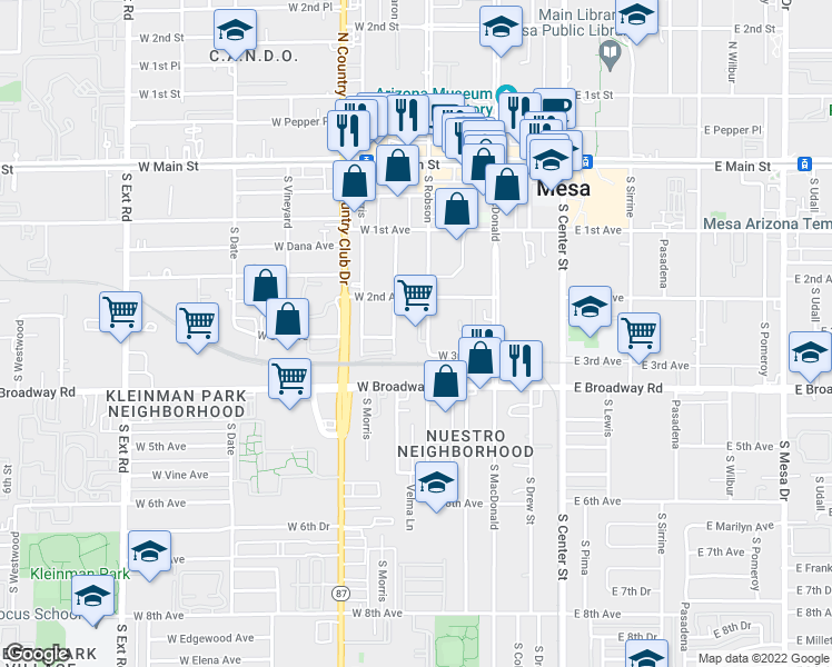 map of restaurants, bars, coffee shops, grocery stores, and more near 246 S Robson in Mesa