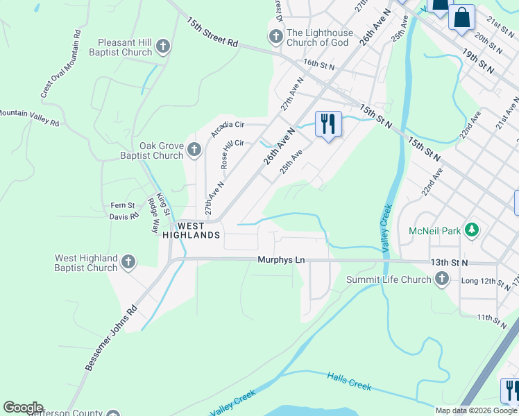 map of restaurants, bars, coffee shops, grocery stores, and more near 1033 25th Avenue in Hueytown