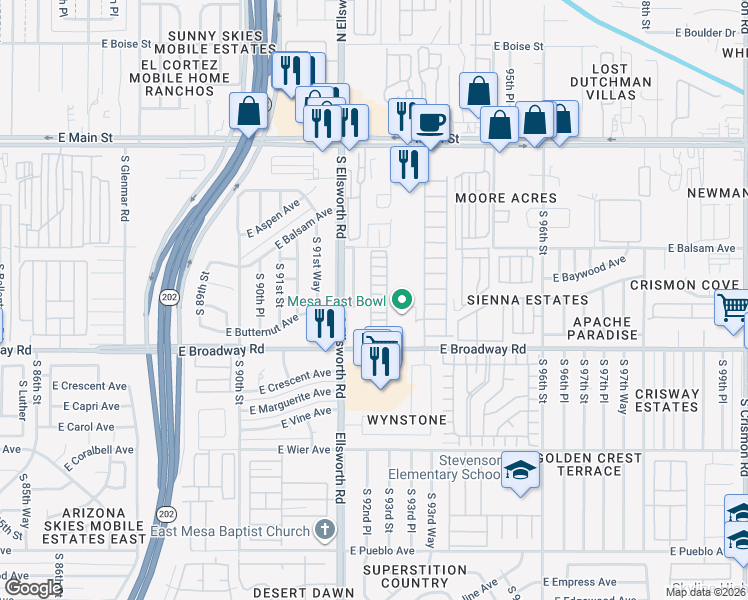 map of restaurants, bars, coffee shops, grocery stores, and more near 267 South 92nd Place in Mesa