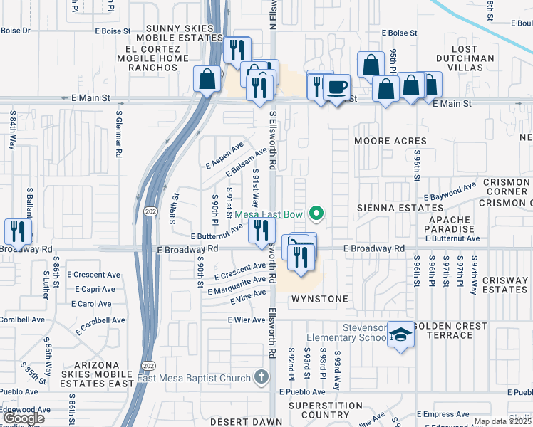 map of restaurants, bars, coffee shops, grocery stores, and more near 266 South Ellsworth Road in Mesa