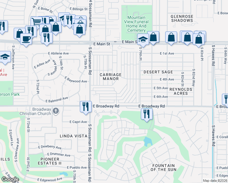 map of restaurants, bars, coffee shops, grocery stores, and more near 7750 East Broadway Road in Mesa