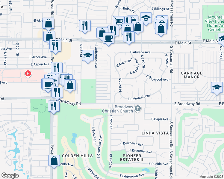 map of restaurants, bars, coffee shops, grocery stores, and more near 7153 East Bramble Avenue in Mesa
