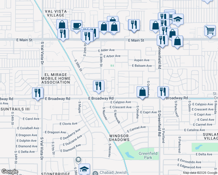 map of restaurants, bars, coffee shops, grocery stores, and more near 4104 East Broadway Road in Mesa