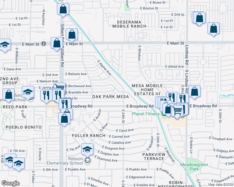 map of restaurants, bars, coffee shops, grocery stores, and more near 2359 East Birchwood Avenue in Mesa