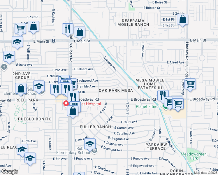 map of restaurants, bars, coffee shops, grocery stores, and more near 2233 East Bramble Avenue in Mesa