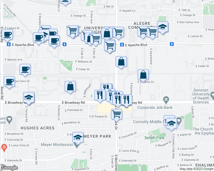 map of restaurants, bars, coffee shops, grocery stores, and more near 1720 East Broadway Road in Tempe