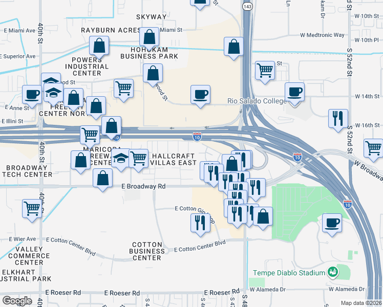 map of restaurants, bars, coffee shops, grocery stores, and more near 4530 East Riverside Street in Phoenix