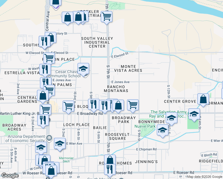 map of restaurants, bars, coffee shops, grocery stores, and more near 4045 South 7th Street in Phoenix