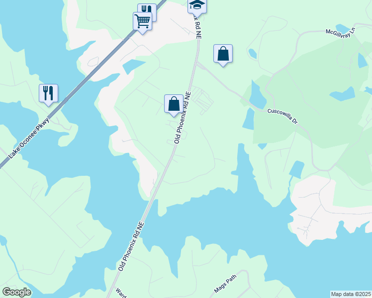 map of restaurants, bars, coffee shops, grocery stores, and more near 600B Old Phoenix Road Northeast in Eatonton