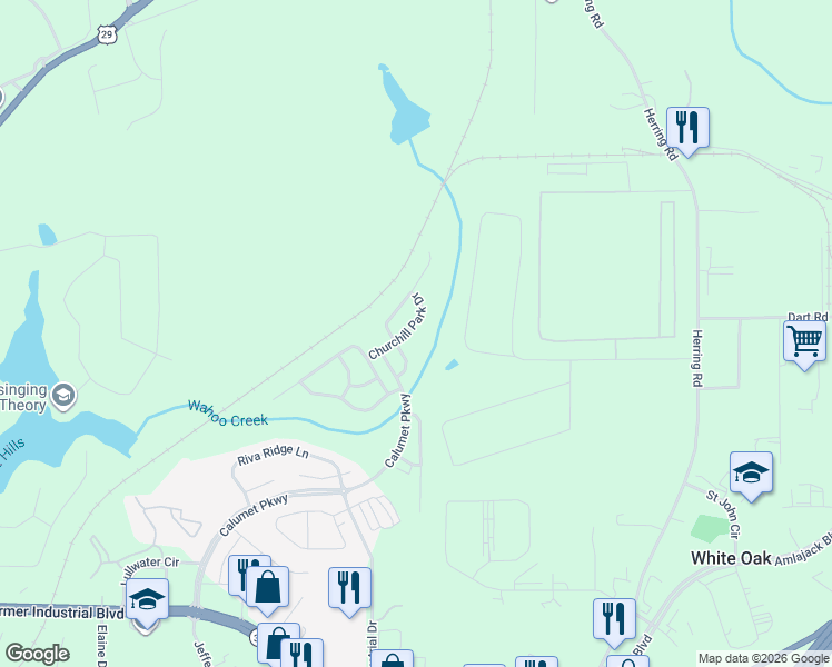 map of restaurants, bars, coffee shops, grocery stores, and more near 23 Churchill Park Drive in Newnan