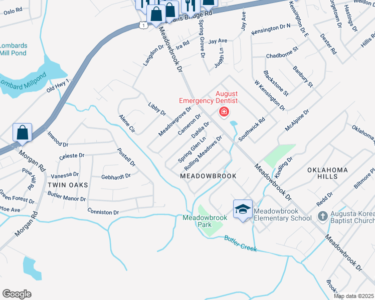 map of restaurants, bars, coffee shops, grocery stores, and more near 3519 Spring Glen Lane in Augusta