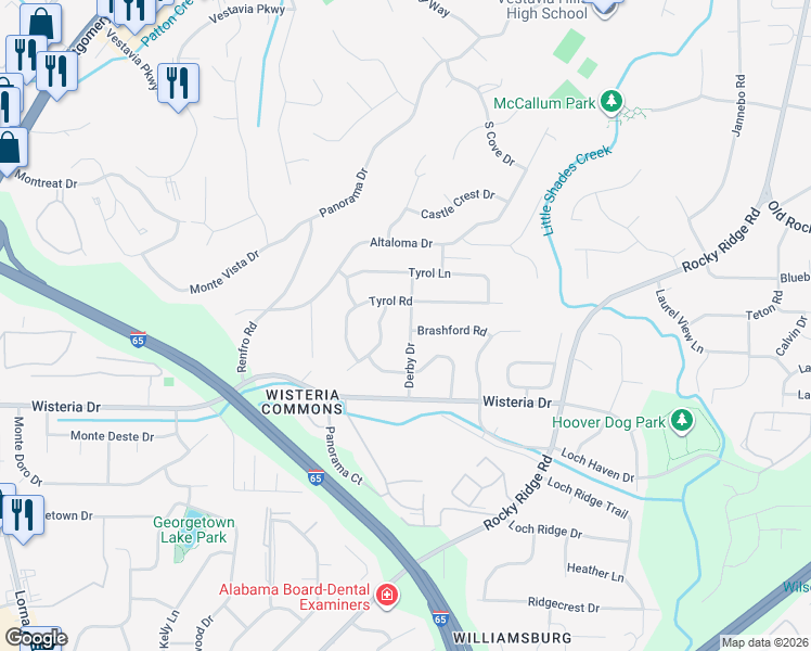 map of restaurants, bars, coffee shops, grocery stores, and more near 2328 Derby Drive in Vestavia Hills