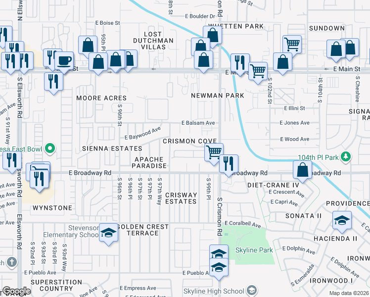 map of restaurants, bars, coffee shops, grocery stores, and more near 318 South Crismon Road in Mesa