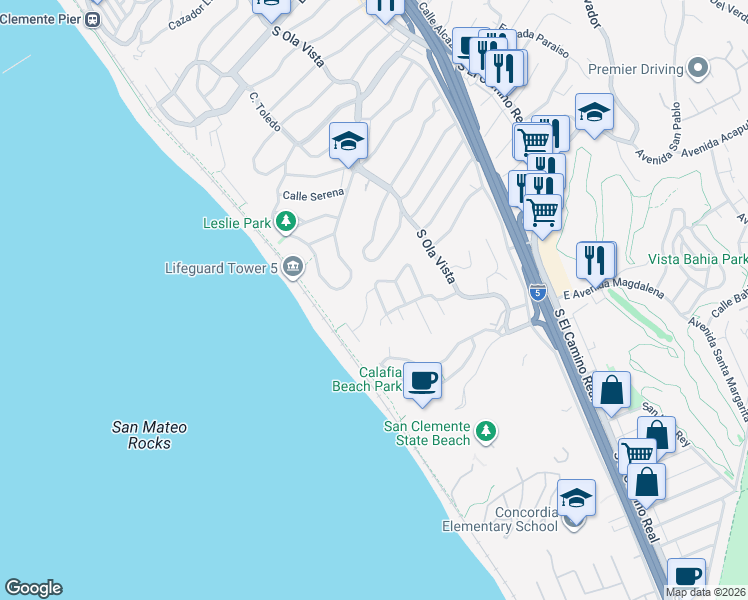 map of restaurants, bars, coffee shops, grocery stores, and more near 2310 Calle Monte Cristo in San Clemente