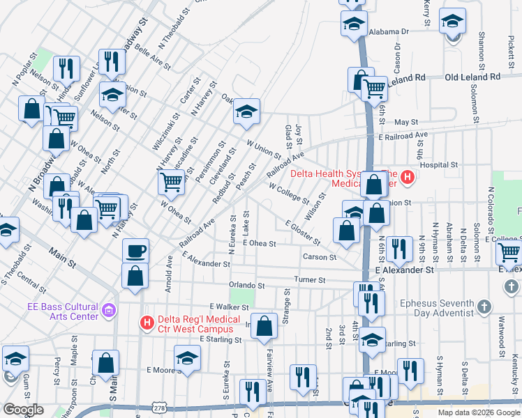 map of restaurants, bars, coffee shops, grocery stores, and more near 521 East Gloster Street in Greenville