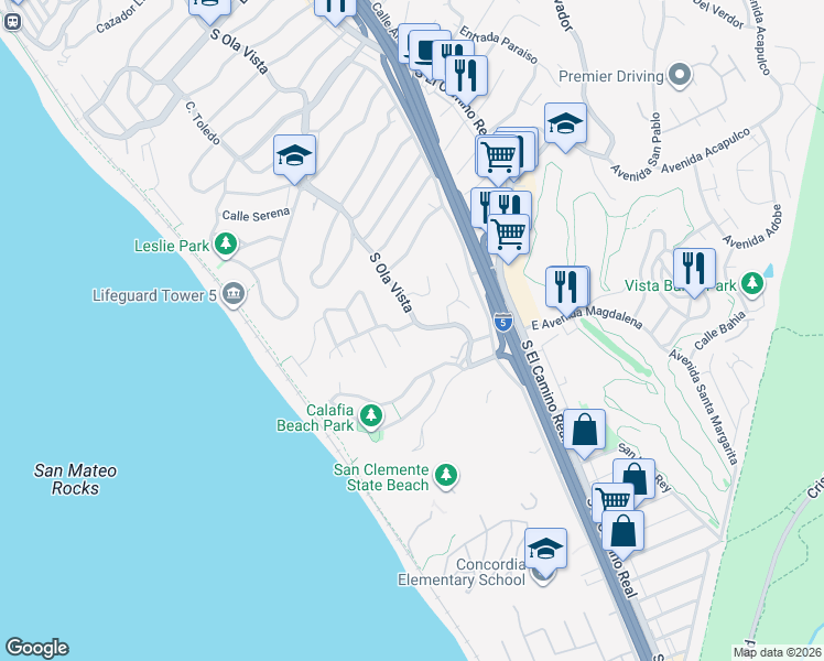 map of restaurants, bars, coffee shops, grocery stores, and more near 2400 South Ola Vista in San Clemente