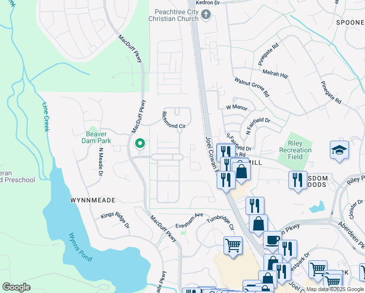map of restaurants, bars, coffee shops, grocery stores, and more near 602 Declaration Drive in Peachtree City