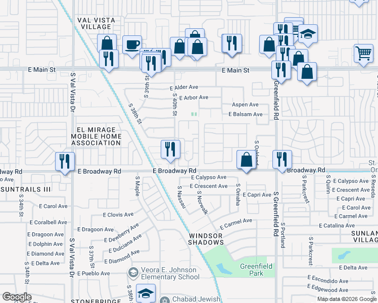 map of restaurants, bars, coffee shops, grocery stores, and more near 4104 East Broadway Road in Mesa