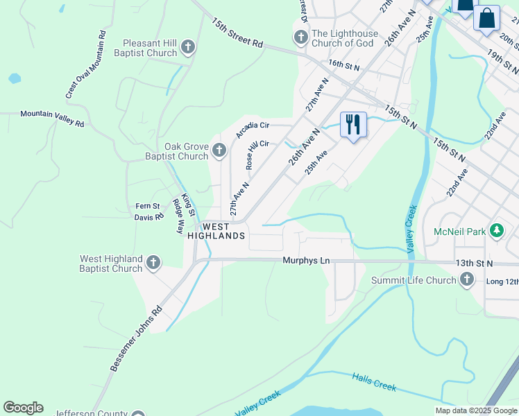 map of restaurants, bars, coffee shops, grocery stores, and more near 1015 26th Avenue North in Hueytown