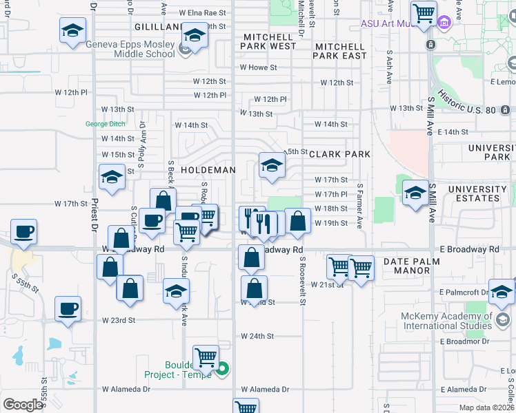 map of restaurants, bars, coffee shops, grocery stores, and more near 805 West 17th Place in Tempe