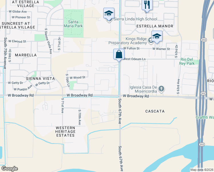 map of restaurants, bars, coffee shops, grocery stores, and more near 4230 South 67th Drive in Phoenix