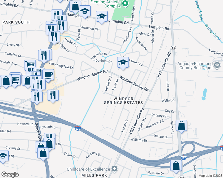 map of restaurants, bars, coffee shops, grocery stores, and more near 3215 Kevin Drive in Augusta