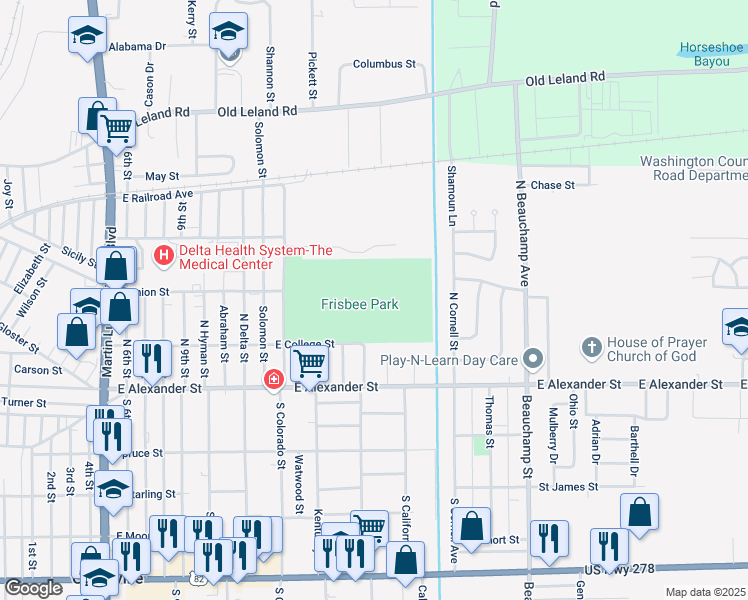 map of restaurants, bars, coffee shops, grocery stores, and more near 1927 East College Street in Greenville