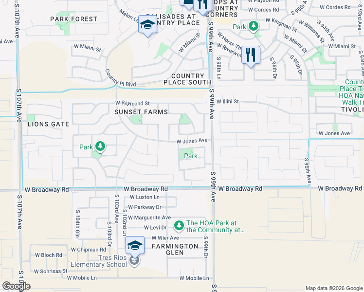 map of restaurants, bars, coffee shops, grocery stores, and more near 10024 West Atlantis Way in Tolleson