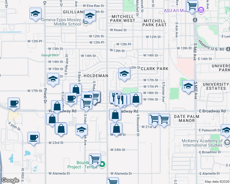 map of restaurants, bars, coffee shops, grocery stores, and more near 805 West 17th Place in Tempe
