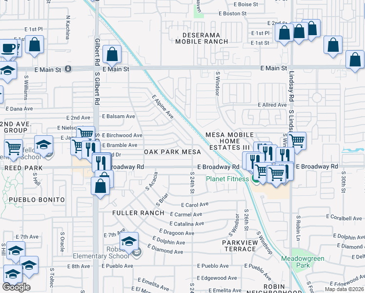 map of restaurants, bars, coffee shops, grocery stores, and more near 2359 East Birchwood Avenue in Mesa