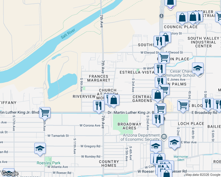 map of restaurants, bars, coffee shops, grocery stores, and more near 607 West Southgate Avenue in Phoenix