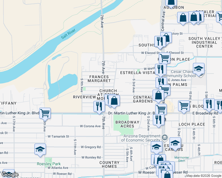 map of restaurants, bars, coffee shops, grocery stores, and more near 607 West Southgate Avenue in Phoenix