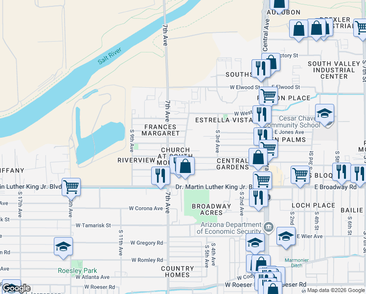 map of restaurants, bars, coffee shops, grocery stores, and more near 601 West Southgate Avenue in Phoenix