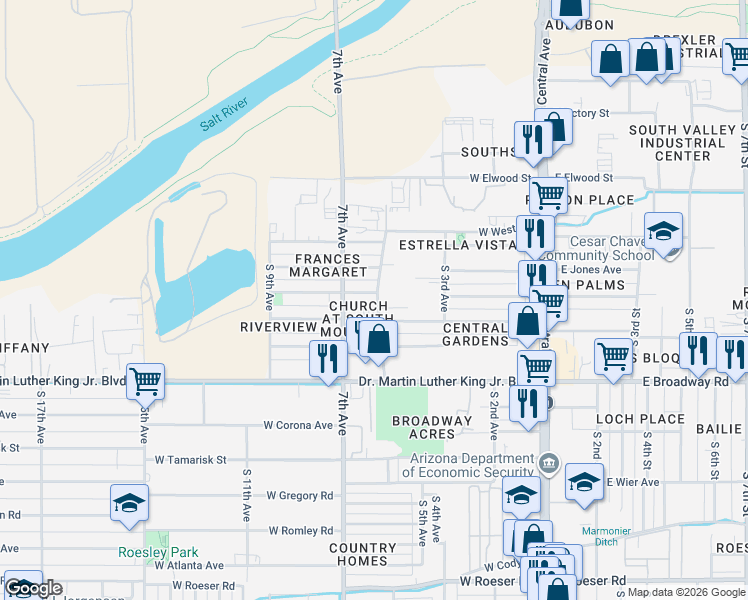 map of restaurants, bars, coffee shops, grocery stores, and more near 601 West Southgate Avenue in Phoenix
