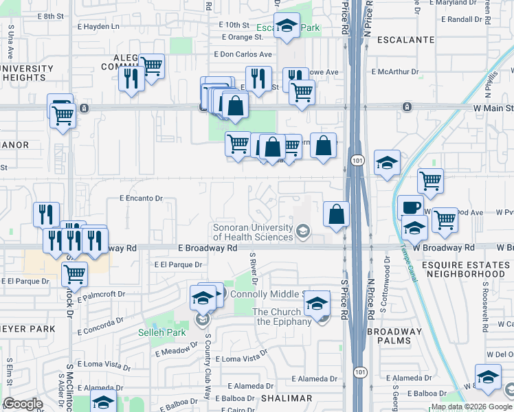map of restaurants, bars, coffee shops, grocery stores, and more near 1634 South Torre Molinos Circle in Tempe