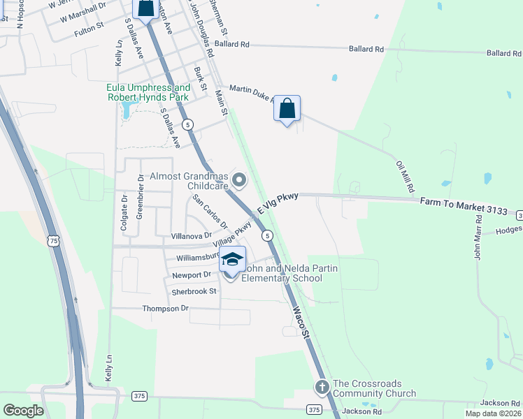 map of restaurants, bars, coffee shops, grocery stores, and more near 305 Village Parkway in Van Alstyne