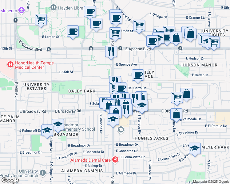 map of restaurants, bars, coffee shops, grocery stores, and more near 1717 South Rural Road in Tempe