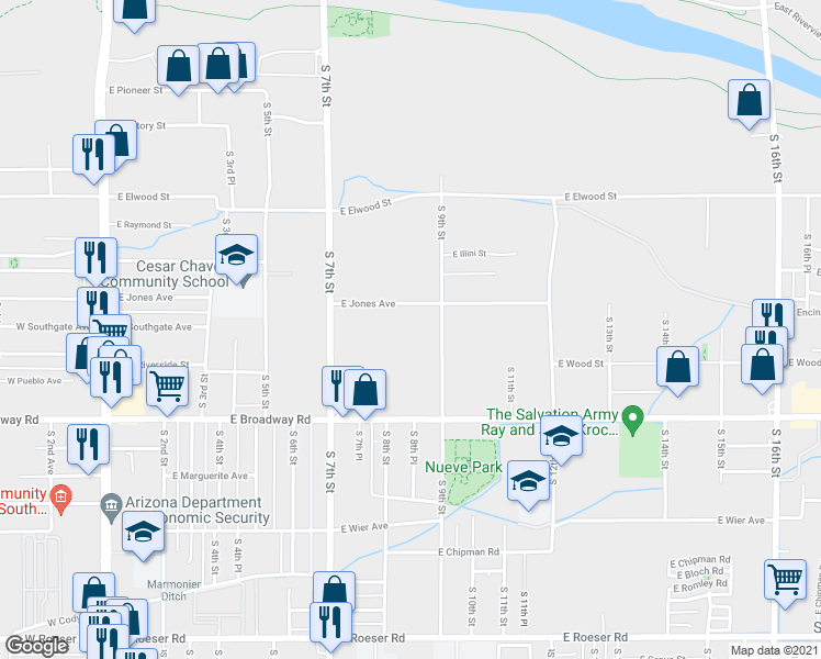 map of restaurants, bars, coffee shops, grocery stores, and more near 4032 South 9th Street in Phoenix