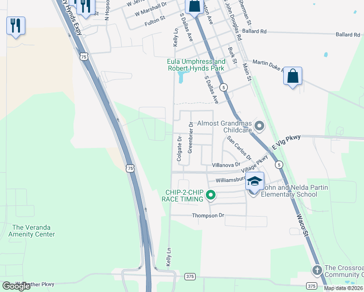 map of restaurants, bars, coffee shops, grocery stores, and more near 1513 Colgate Drive in Van Alstyne