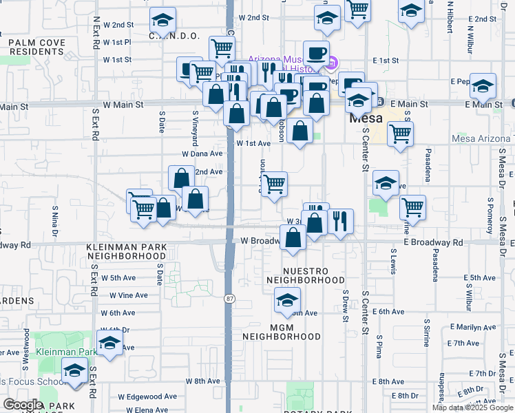 map of restaurants, bars, coffee shops, grocery stores, and more near 230 South Lebaron in Mesa