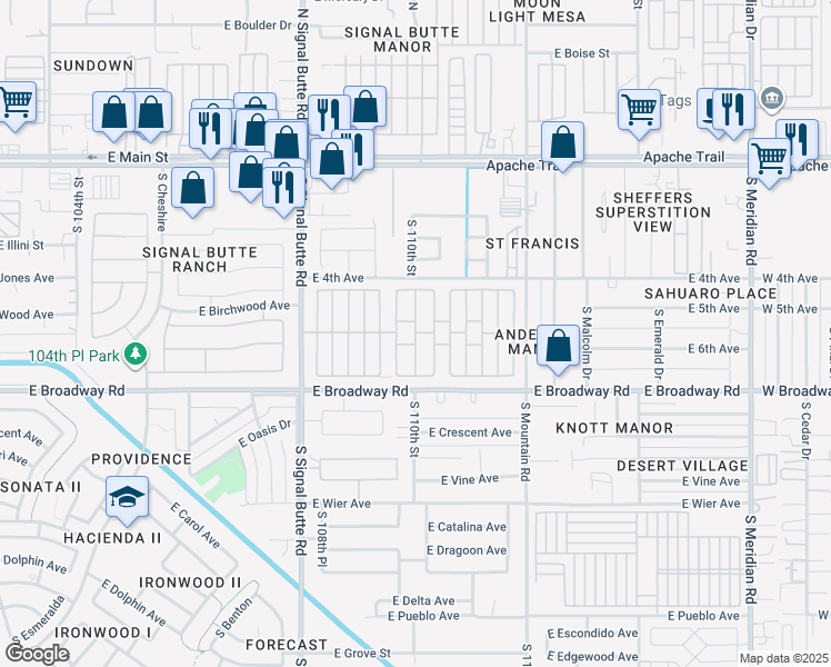 map of restaurants, bars, coffee shops, grocery stores, and more near 301 South Signal Butte Road in Apache Junction