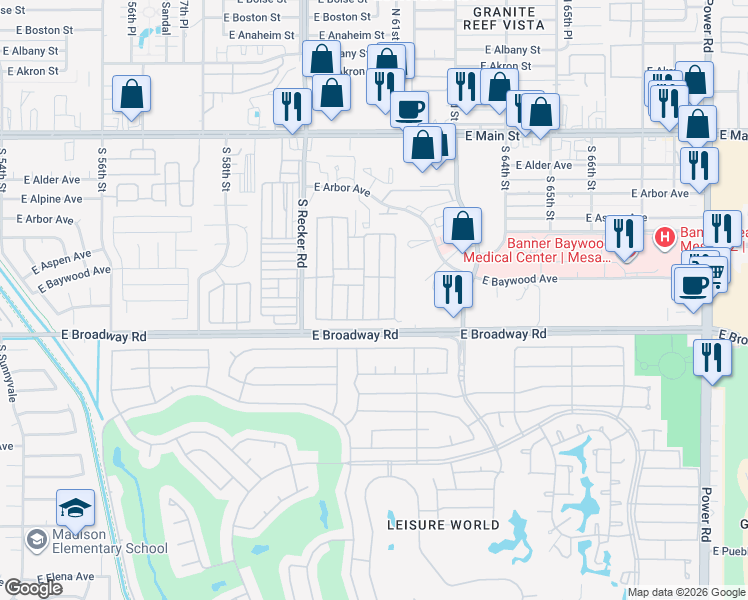 map of restaurants, bars, coffee shops, grocery stores, and more near Ocotillo Avenue in Mesa